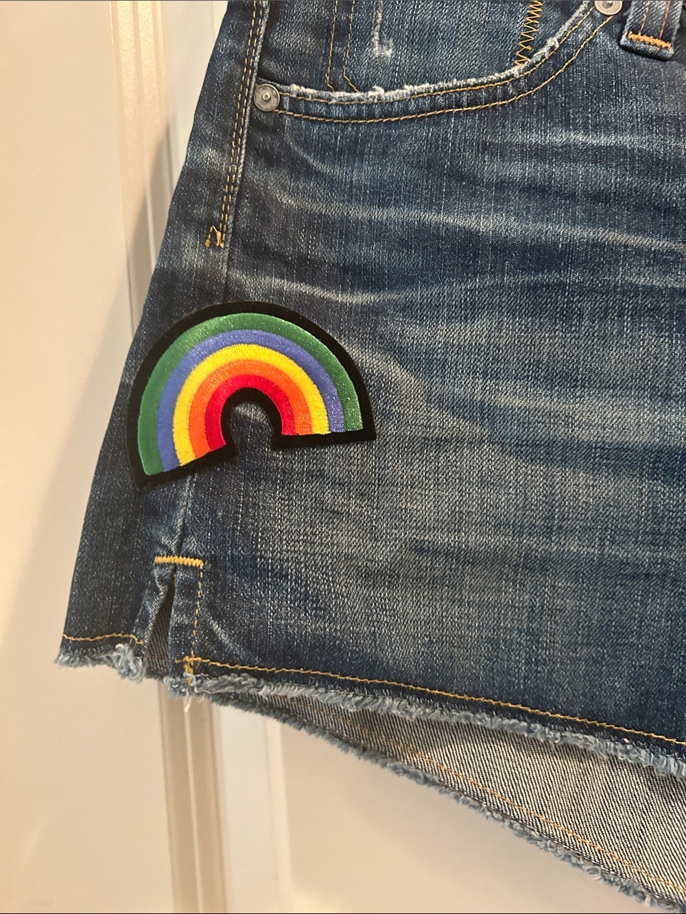 Ag Adriano Goldschmied Blue Denim Shorts with Rainbow and Ladybug Patches - Picture 3 of 11